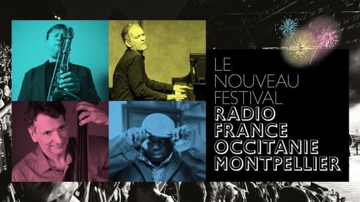 Photomontage des quatre musiciens sur la partie gauche de la photo, sur la droite figure le titre du festival